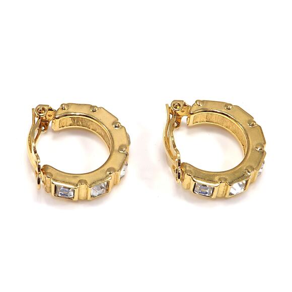 Swarovski Swan Logo Clip Earrings Gold Plated Square Crystal Rhinestone Vintage - Picture 3 of 10